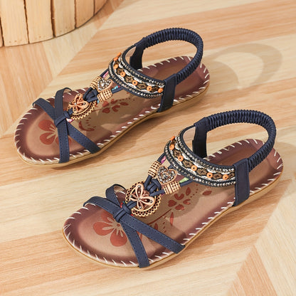 Women's Bohemian Slip-On Sandals with Ornaments and Ankle Strap - Casual Chic Style