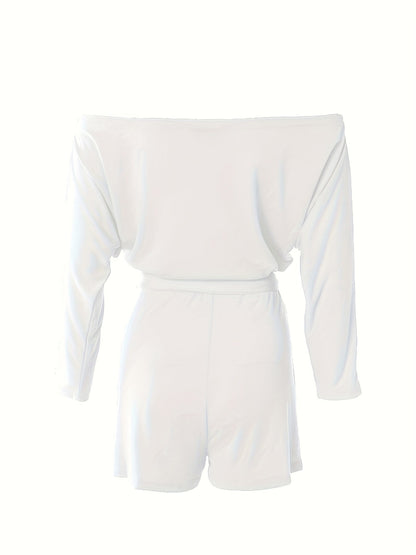 Avslappnad kort jumpsuit för kvinnor i Bardot-stil med långa ärmar för sommaren