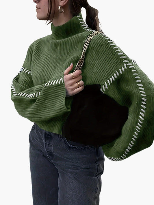 Pull femme style décontracté col montant manches larges détails couture tendance automne hiver