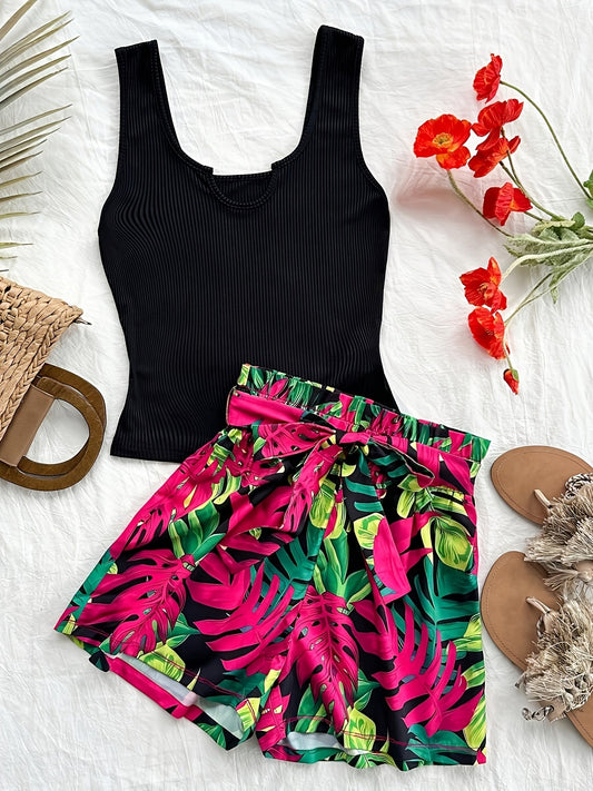 Coordinated set for women, tropical style, fitted top and high-waisted shorts, ideal for vacation and summer