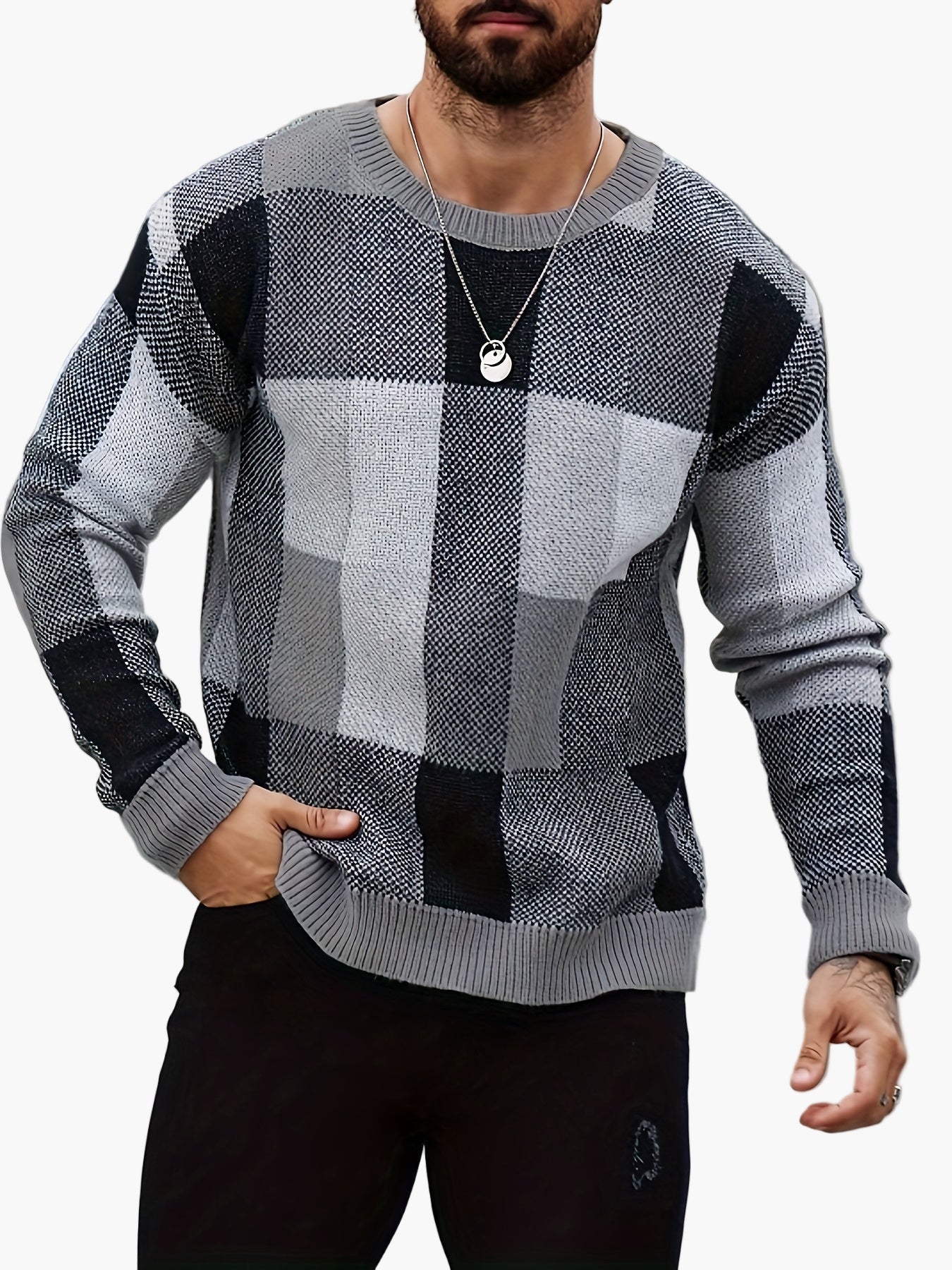Pull décontracté à carreaux homme style automne/hiver col rond