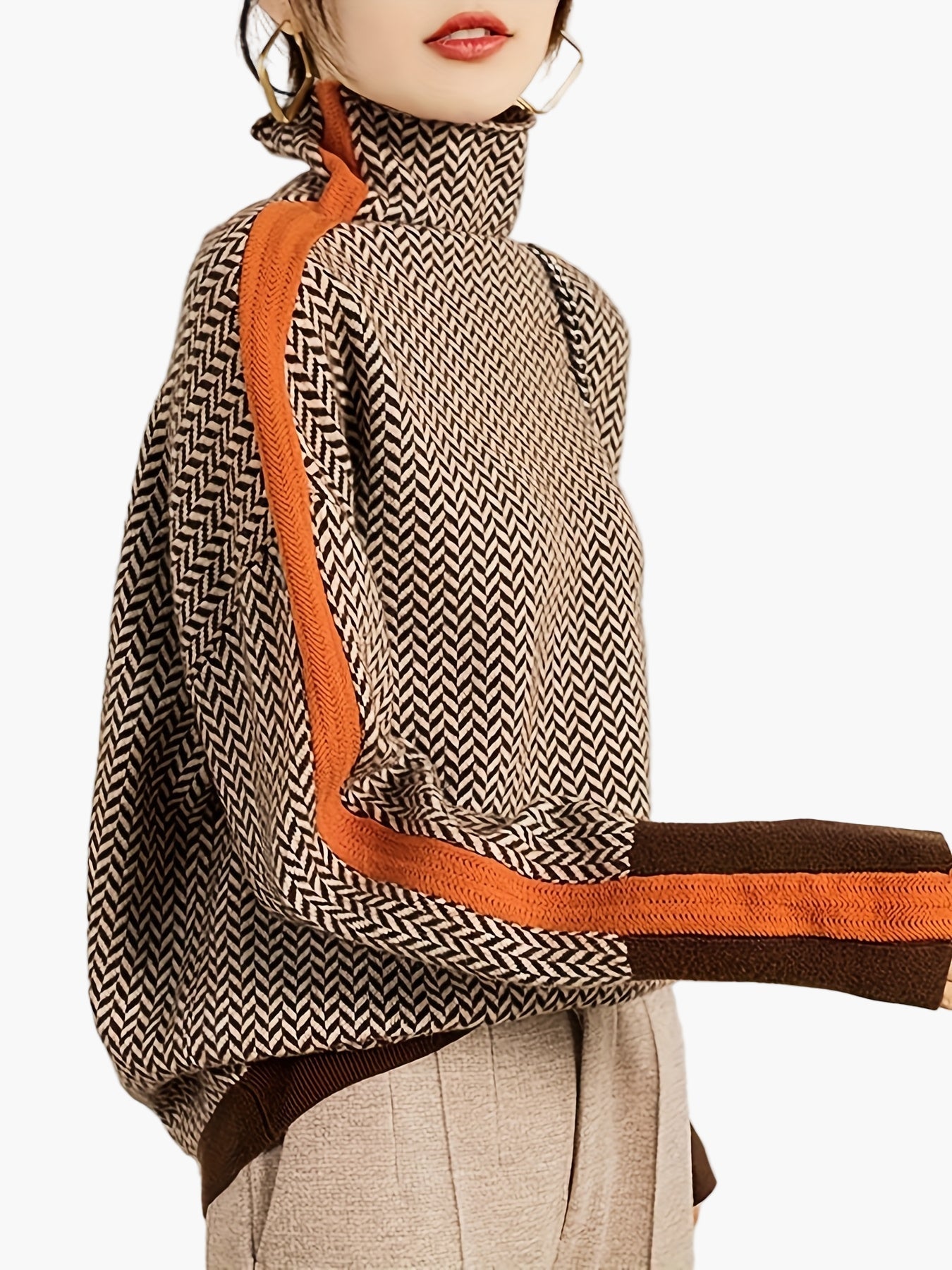 Pull Hiver Femme Col Montant Motif Géométrique Style Élégant Décontracté