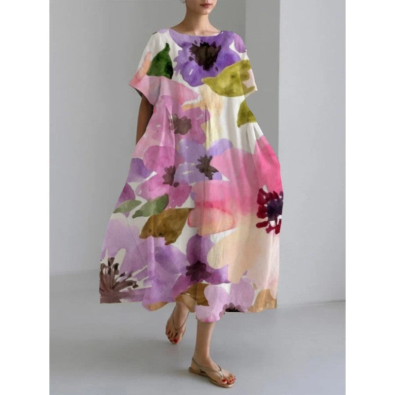 Robe longue décontractée femme style artistique bohème à motif floral – idéale été, vacances, ville
