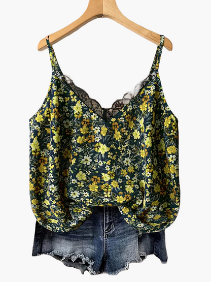 Top donna con spalline sottili, stile bohémien floreale, ideale per estate e vacanze
