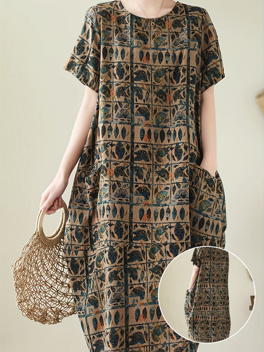Vestido casual de manga corta para mujer estilo artístico bohemio holgado con estampado geométrico y botánico
