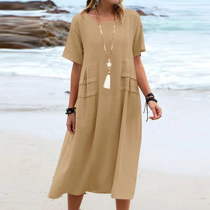Imogen – Robe Midi Ample d'Été en Coton Lin Respirant à Manches Courtes