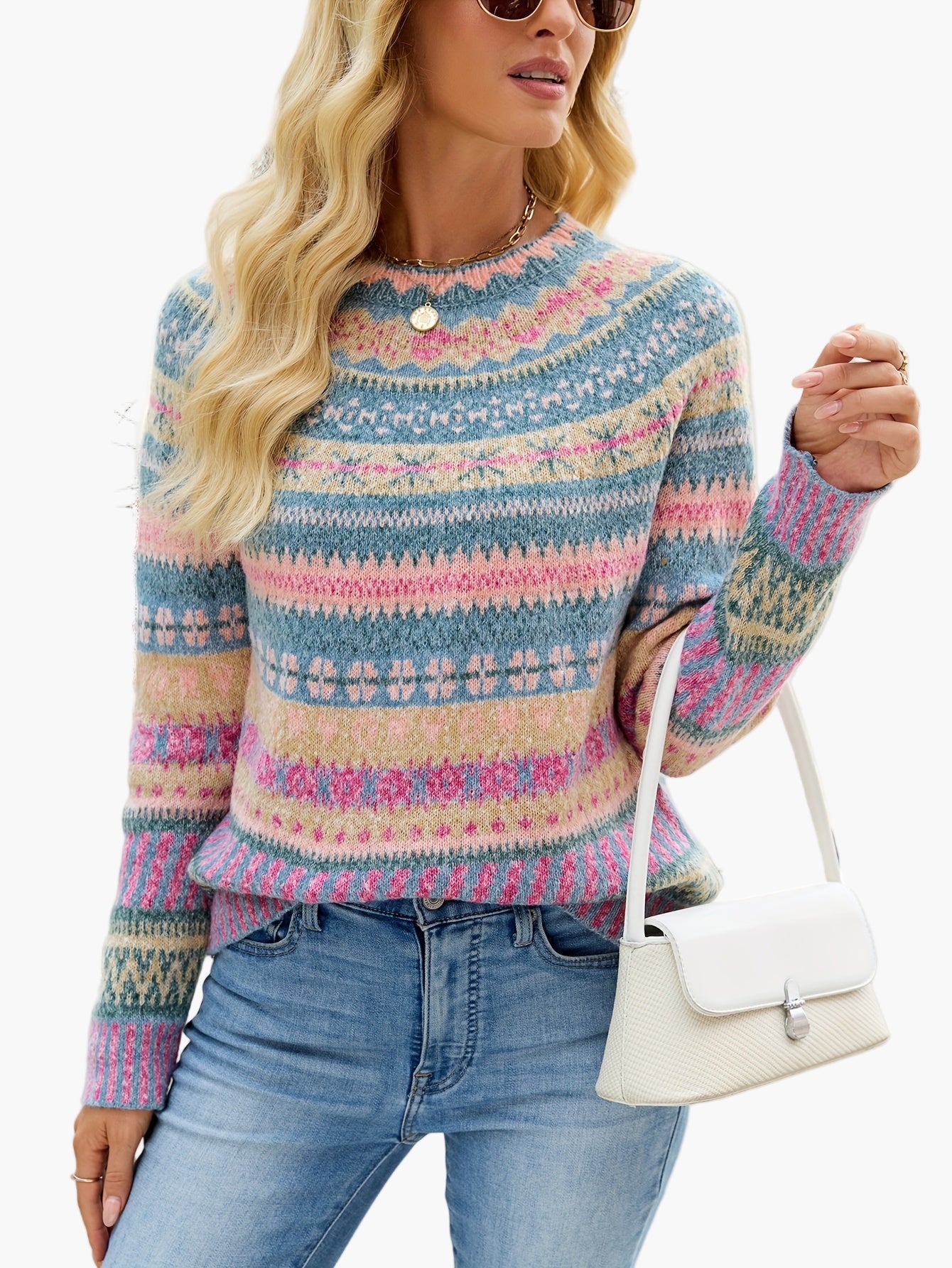 Pull d'hiver femme à motifs géométriques style nordique élégant