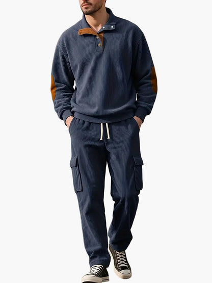 Ensemble de survêtement décontracté pour homme, style automne/hiver, col à boutons et pantalon cargo