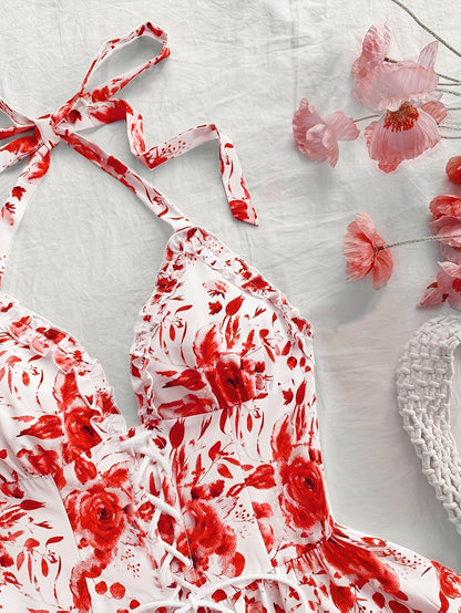 Women's summer dress in bohemian style with ruffles, halter neck, floral print, perfect for evenings and parties