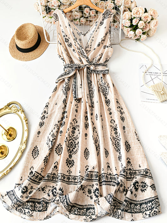Vestido largo bohemio para mujer con estampado damasco y cinturón, estilo vintage chic