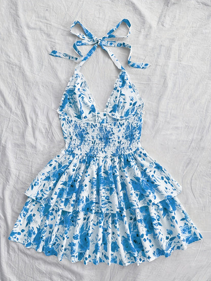 Women's summer dress in bohemian style with ruffles, halter neck, floral print, perfect for evenings and parties