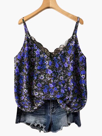 Top donna con spalline sottili, stile bohémien floreale, ideale per estate e vacanze