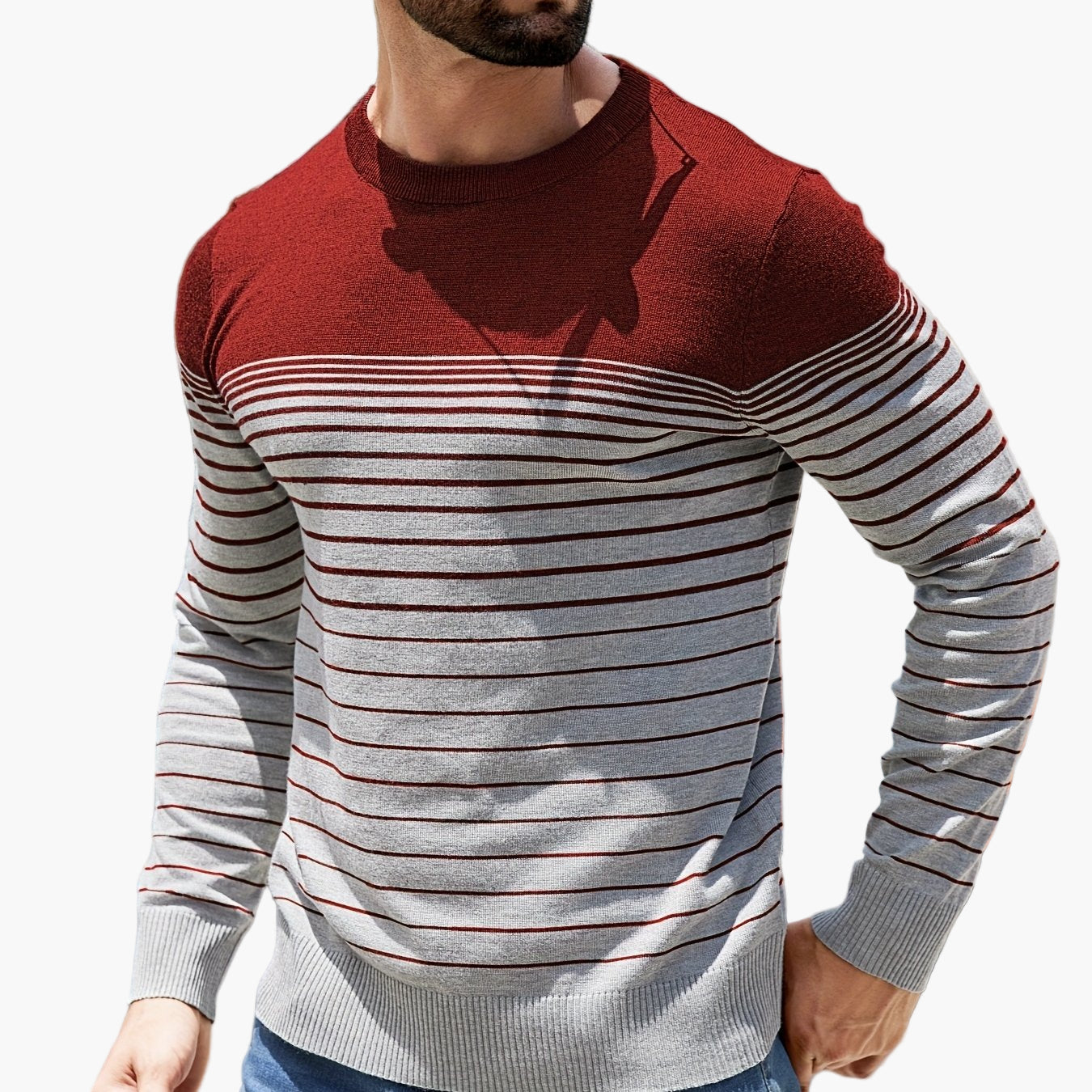 Pull à rayures pour homme style casual – Manches longues, col rond, idéal pour le printemps et l'automne