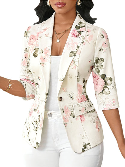 Elegant dameblazer med blomsterprint, forårs- og efterårsstil, trekvartærmer, ideel til kontor og udflugter