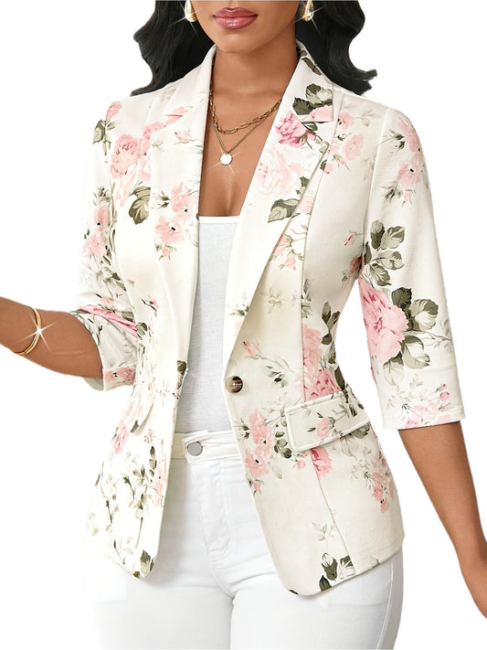 Blazer Femme Élégant à Imprimé Floral, Style Printemps Automne, Manches Trois-Quarts, Idéal pour Bureau et Sorties