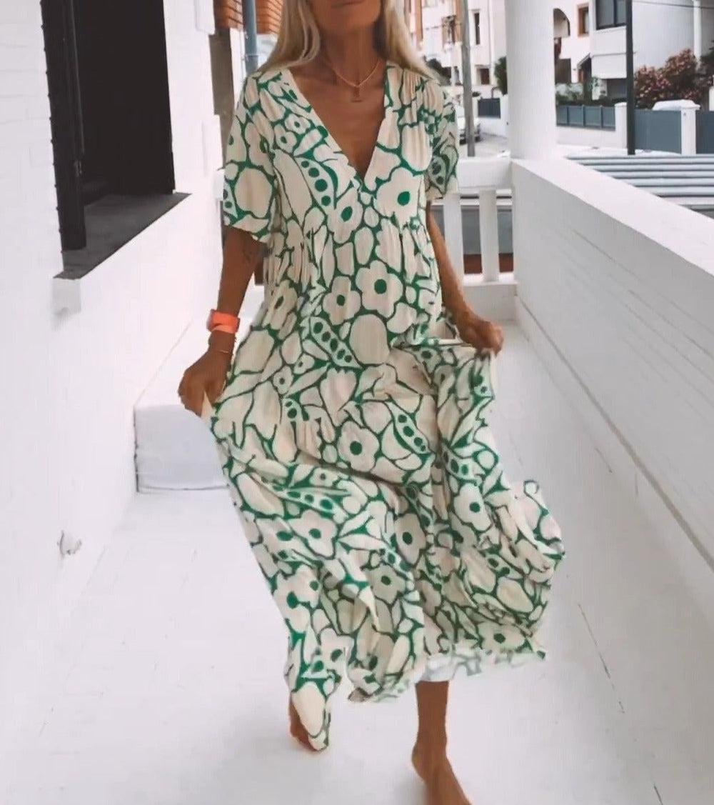 Rachel – Robe Maxi Verte pour Femme avec Manches Courtes