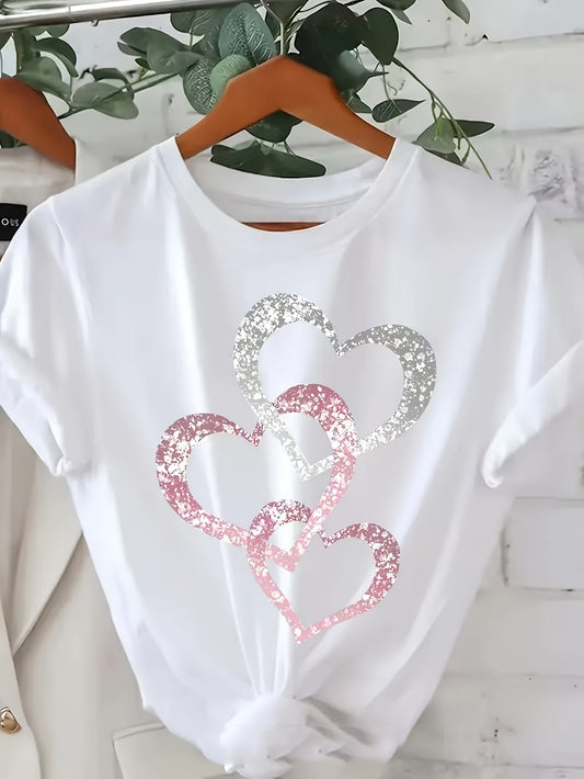T-shirt donna stile casual con motivo di cuori scintillanti, maniche corte, ideale per l'estate