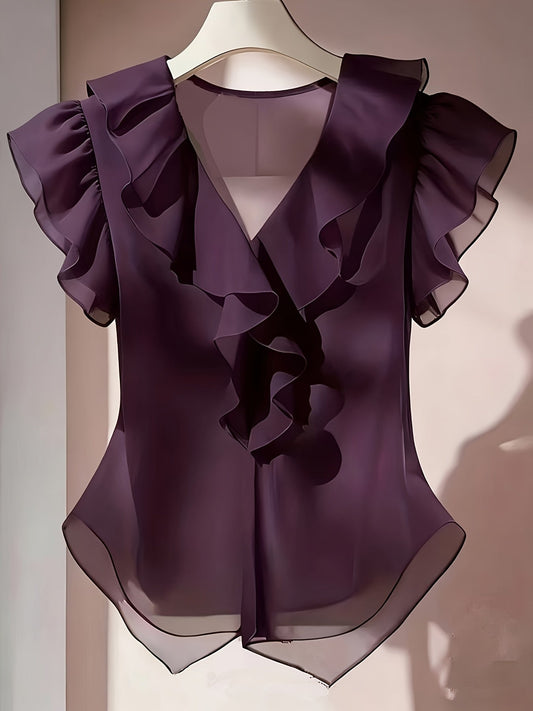 Blusa donna elegante con volant stile romantico per outfit chic e ufficio