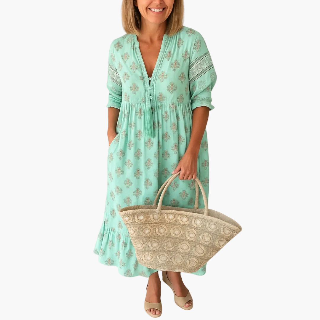 Vestito a mezza lunghezza bohémien da donna, stile informale con stampa e tasche