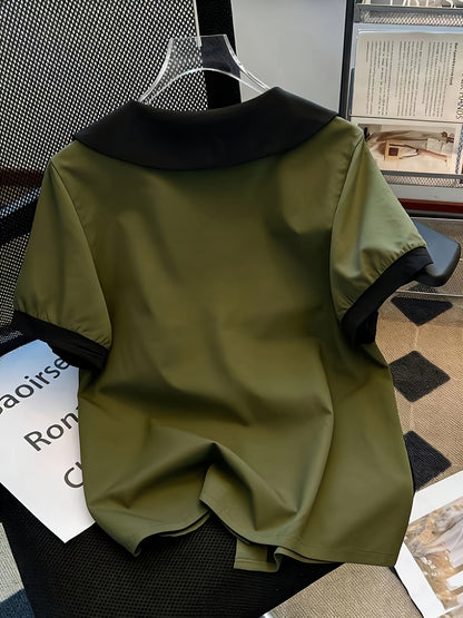 Chemisier élégant pour femme à col Claudine style rétro, manches courtes, idéal pour le bureau ou les sorties