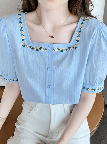Blouse femme élégante à col carré et broderies florales, style décontracté printemps-été