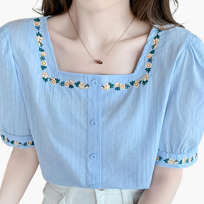 Blouse femme élégante à col carré et broderies florales, style décontracté printemps-été