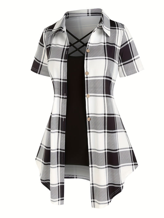 Chemise longue à carreaux style élégant pour femme, manches courtes, col à revers, été
