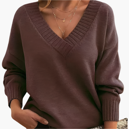 Pull col V chic femme pour l'hiver, style élégant et décontracté à manches longues