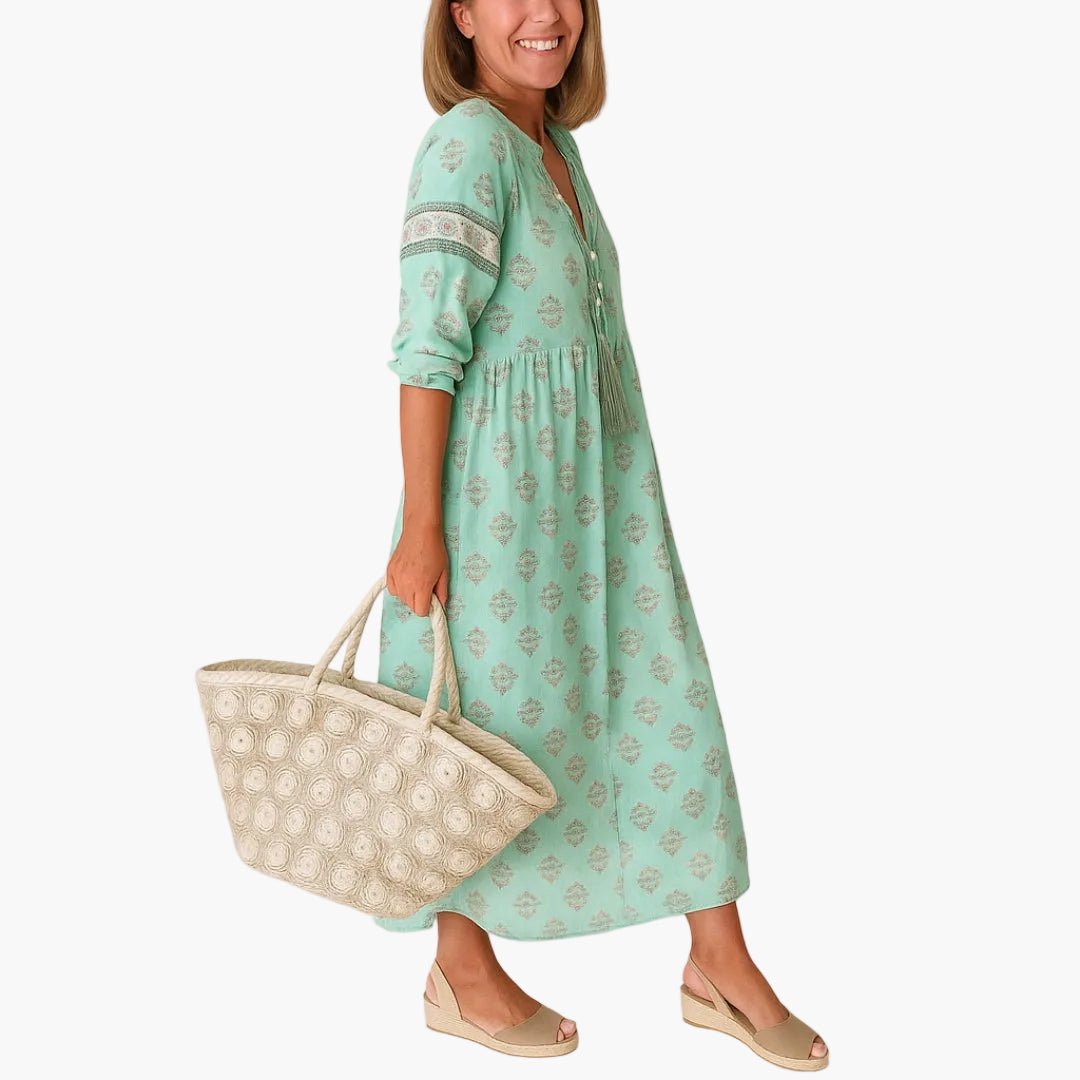 Vestito a mezza lunghezza bohémien da donna, stile informale con stampa e tasche