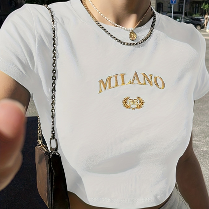 Kort dame-T-shirt i Y2K-stil med broderi fra Milano, sommertrend, korte ærmer, rund hals