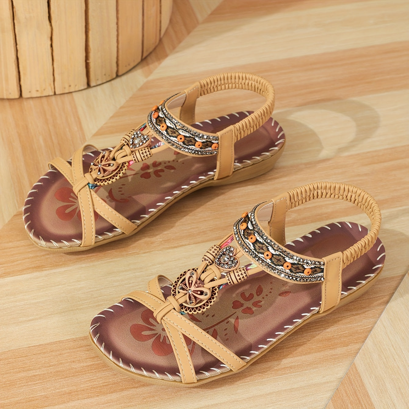 Women's Bohemian Slip-On Sandals with Ornaments and Ankle Strap - Casual Chic Style