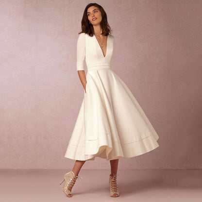 Robe Femme Élégante Midi Style Vintage à Manches Mi-longues pour Mariage ou Soirée