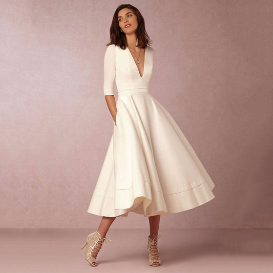 Robe Femme Élégante Midi Style Vintage à Manches Mi-longues pour Mariage ou Soirée