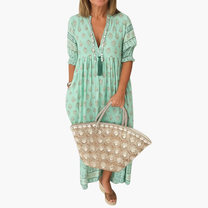 Vestito a mezza lunghezza bohémien da donna, stile informale con stampa e tasche