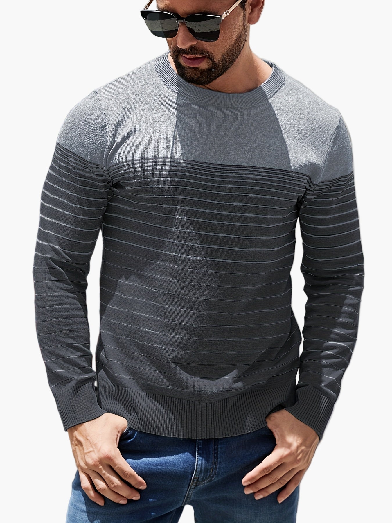 Pull à rayures pour homme style casual – Manches longues, col rond, idéal pour le printemps et l'automne