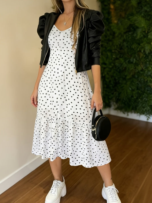 Vestido midi de lunares estilo retro para mujer – Elegancia casual y versátil