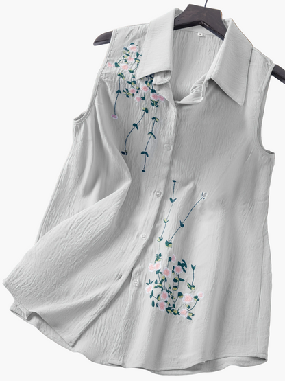 Ærmeløs damebluse i elegant stil med blomsterbroderi - Til daglig brug eller kontor