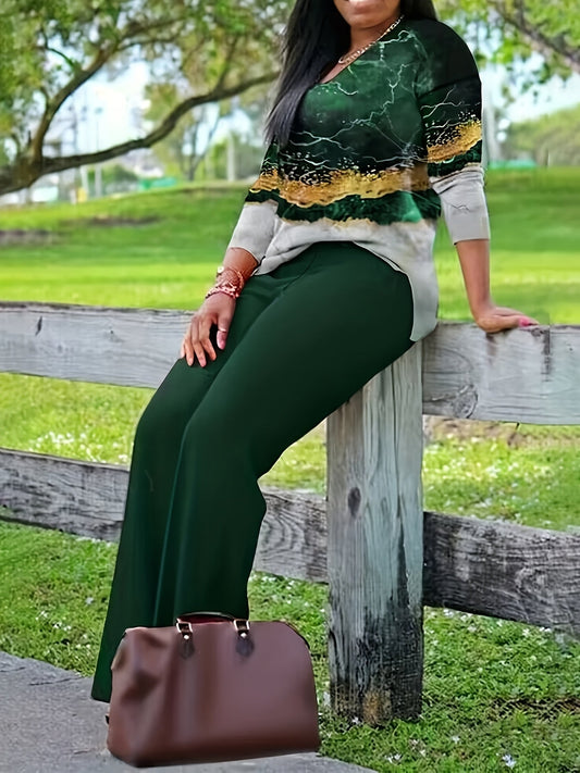 Geometric Pattern Top and Wide-Leg Pants for Women, Casual Style for Spring and Summer