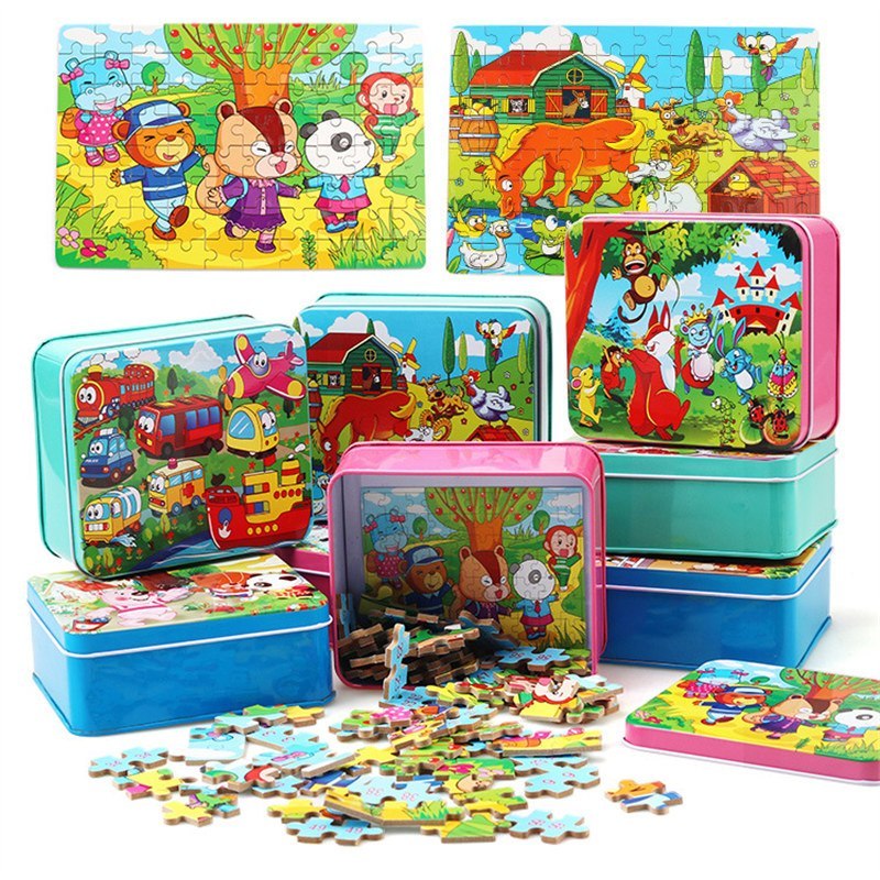 Puzzle en Bois Éducatif pour Enfants – Coffret Métal – Jeux d’Assemblage Animaux, Véhicules et Scènes de la Vie – Mixte 3 Ans+