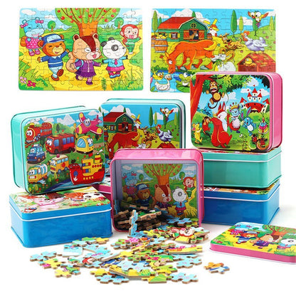 Puzzle en Bois Éducatif pour Enfants – Coffret Métal – Jeux d’Assemblage Animaux, Véhicules et Scènes de la Vie – Mixte 3 Ans+