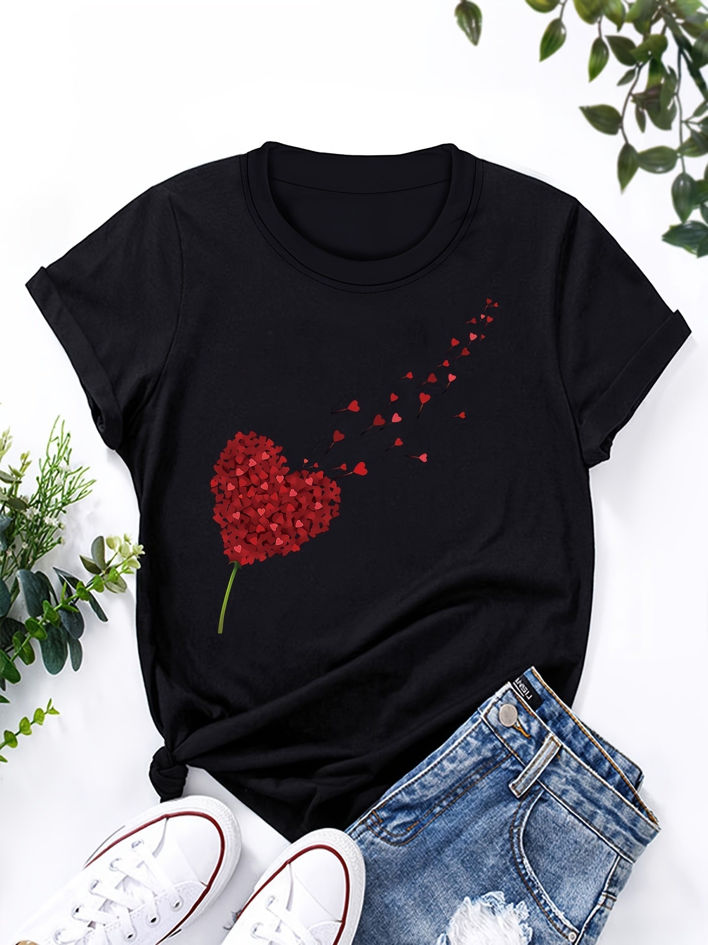 T-shirt Donna Stile Casual con Stampa Cuore Volante per un Look Estivo e Moderno