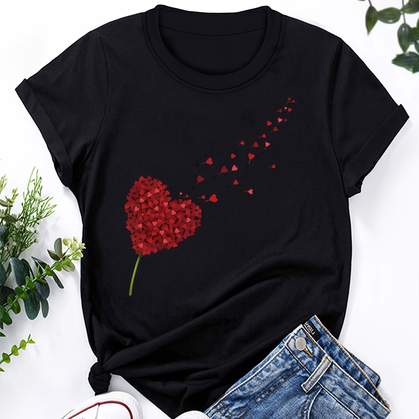 T-shirt Donna Stile Casual con Stampa Cuore Volante per un Look Estivo e Moderno