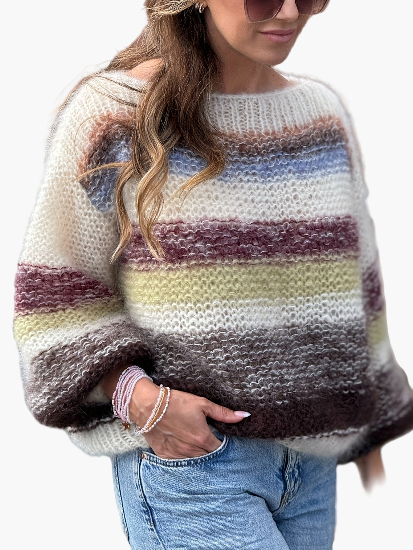 Pull femme élégant à rayures style décontracté pour automne/hiver