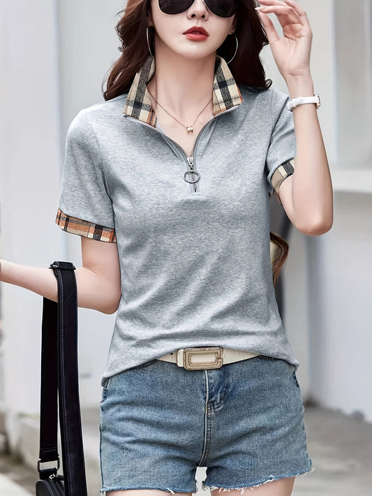 T-shirt décontracté à col zippé pour femme, style urbain tendance