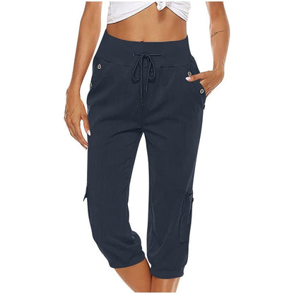 Katie – Pantalon Raccourci en Lin Coton avec Poches Cargo