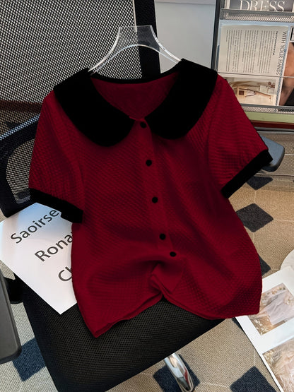 Chemisier élégant pour femme à col Claudine style rétro, manches courtes, idéal pour le bureau ou les sorties