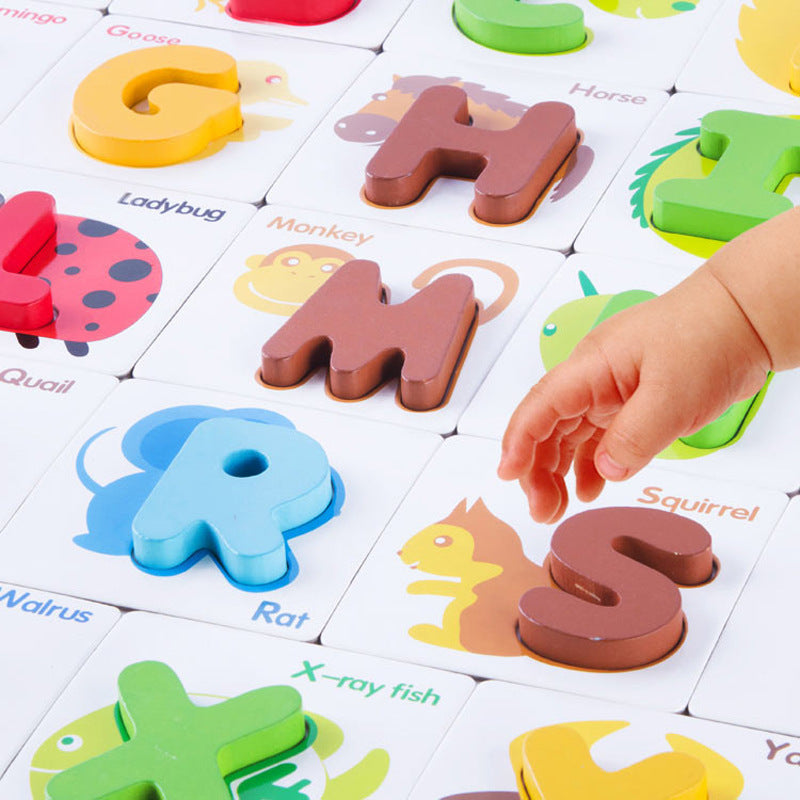 Jeu éducatif en bois lettres alphabet et cartes pour enfants – Puzzle d'apprentissage préscolaire