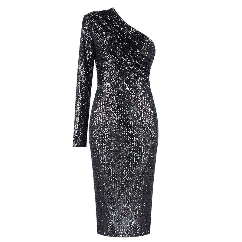 Brenda – Robe à épaule unique avec col asymétrique et paillettes pour le soir