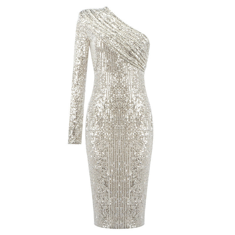 Brenda – Robe à épaule unique avec col asymétrique et paillettes pour le soir