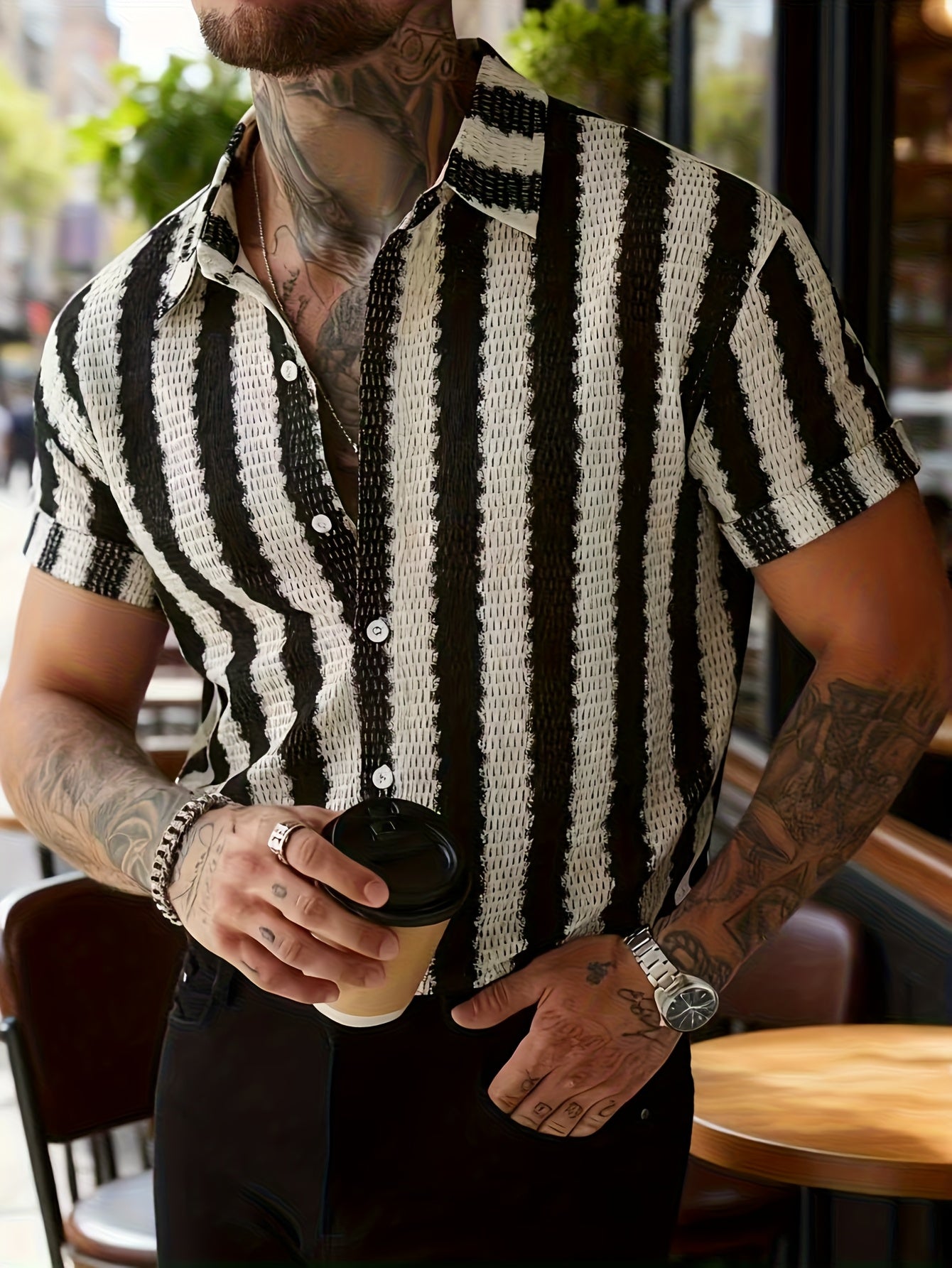 Chemise Resort Homme à Manches Courtes Style Moderne – Rayures Verticales, Look Urbain Décontracté